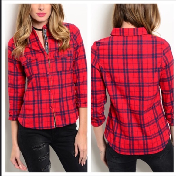 Boutique Tops - Long Sleeve Soft Red Plaid Button Down Shirt